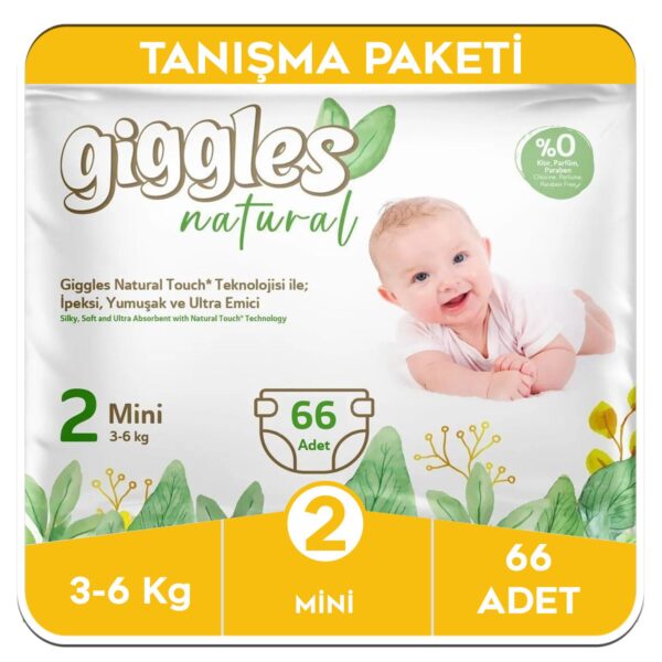 Giggles Natural 2 Numara Mini Pamuklu Bebek Bezi Tanışma Paketi - 66 Adet