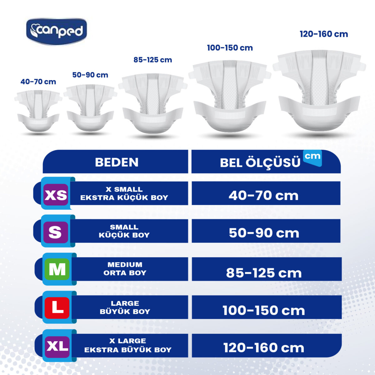canped-bb-beden-tablosu Canped Belbantlı Tekstil Yüzey Hasta Bezi M-Medium Beden 60 Adet - Görsel 2