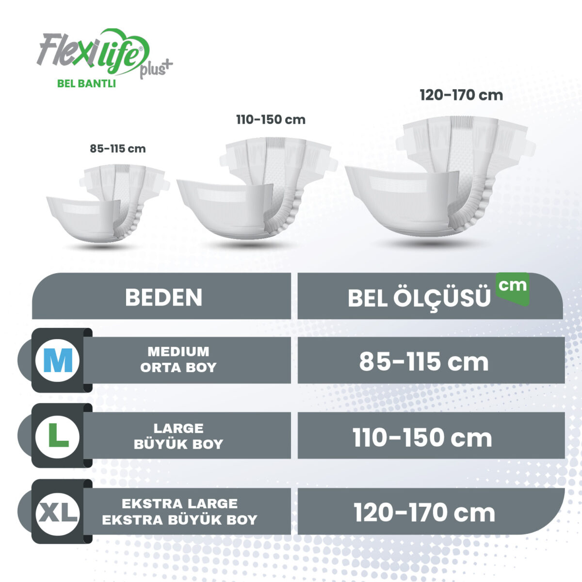 flexilife-bel-bantlı-beden-tablosu Flexi Life Emici Külot XL-Extra Large Beden 60 Adet - Görsel 2