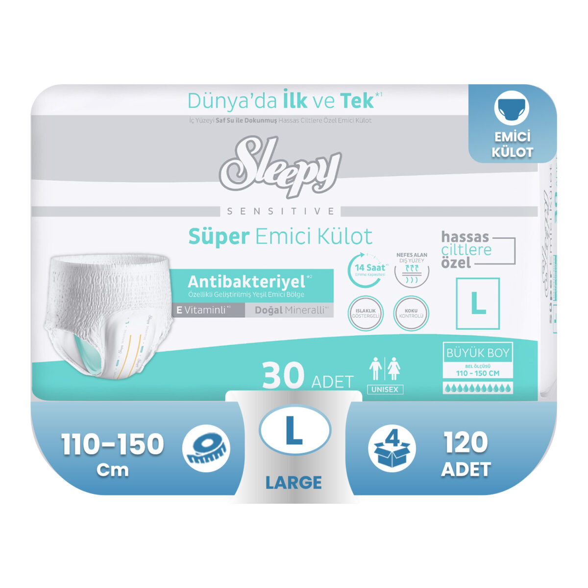 sleepy-emici-külot-large-120 Sleepy Sensitive Antibakteriyel Süper Emici Külot L-Large Beden 120 Adet - Görsel 1